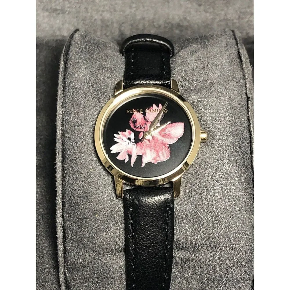 Vince Camuto VC5352 Unisex Black Leather Analog Black Dial Quartz Watch BW114